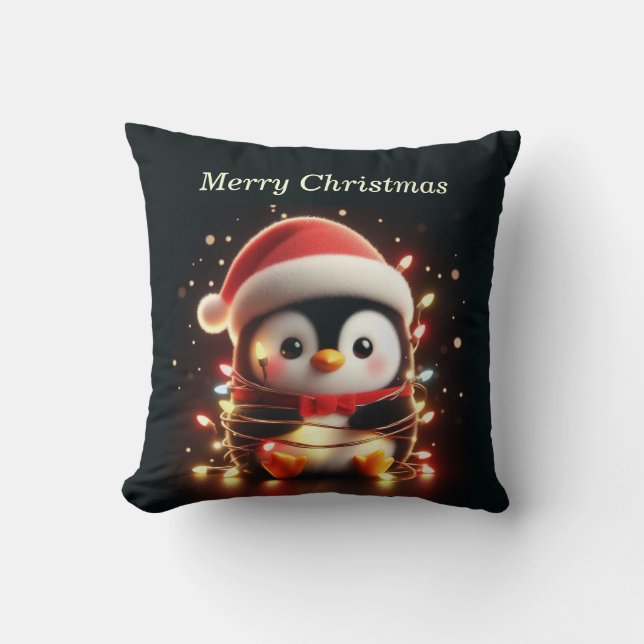 Niedlicher Pinguin in Weihnachtsbeleuchtung ummant Kissen (Vorderseite)