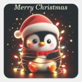 Niedlicher Pinguin in Weihnachtsbeleuchtung ummant Quadratischer Aufkleber