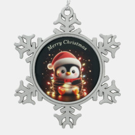 Niedlicher Pinguin in Weihnachtsbeleuchtung ummant Schneeflocken Zinn-Ornament