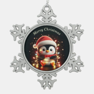 Niedlicher Pinguin in Weihnachtsbeleuchtung ummant Schneeflocken Zinn-Ornament