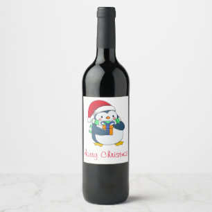 Niedlicher Pinguin in Weihnachtshut mit Geschenkwe Weinetikett