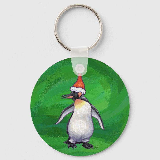 Niedlicher Pinguin in Weihnachtsmannmütze auf Gree Schlüsselanhänger (Vorderseite)