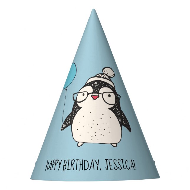 Niedlicher Pinguin mit Ballon Personalisiert Gebur Partyhütchen (Vorderseite)