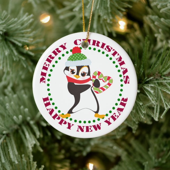 Niedlicher Pinguin mit Candy Cane Herz Keramik Ornament (Baum)