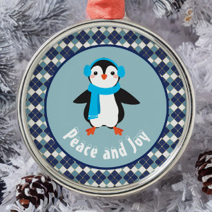Niedlicher Pinguin mit Earmuffs Peace and Joy Ornament Aus Metall