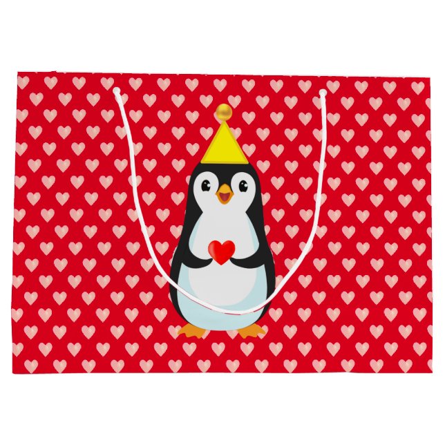 Niedlicher Pinguin mit Herz auf Rot Große Geschenktüte (Rückseite)