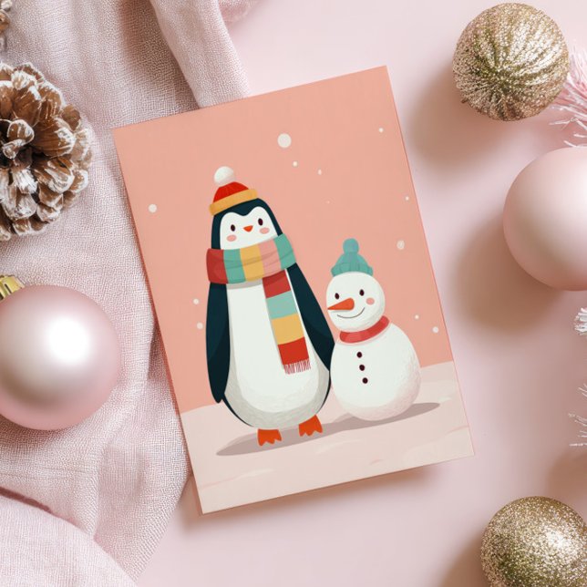 Niedlicher Pinguin mit Snowman Pastel Pink Weihnac Postkarte (Von Creator hochgeladen)
