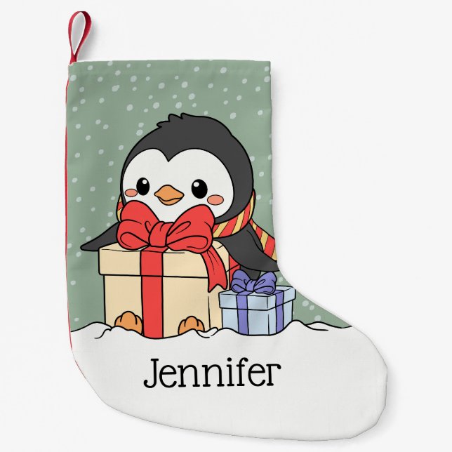Niedlicher Pinguin mit Weihnachtsgeschenken im Sch Kleiner Weihnachtsstrumpf (Vorderseite)