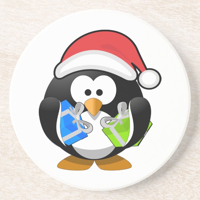 Niedlicher Pinguin mit Weihnachtsmannmütze Unterse Sandstein Untersetzer (Vorne)