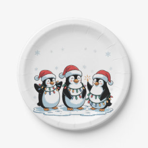 Niedlicher Pinguin mit Weihnachtsmannmütze Xmas Pi Pappteller