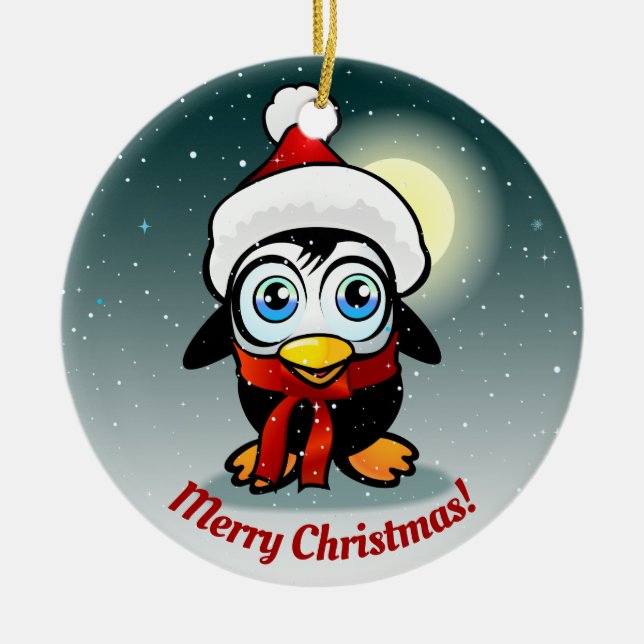 Niedlicher Pinguin mit Xmas-Hat-Cartoon Keramik Ornament (Vorne)