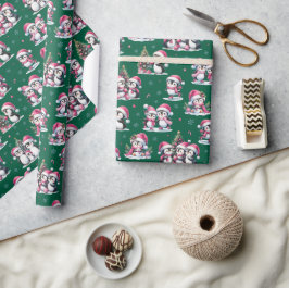 Niedlicher Pinguin Muster Dunkelgrün und rosa Weih Geschenkpapier