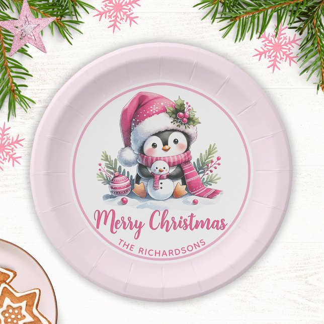 Niedlicher Pinguin Pink Custom Frohe Weihnachten Pappteller (Von Creator hochgeladen)