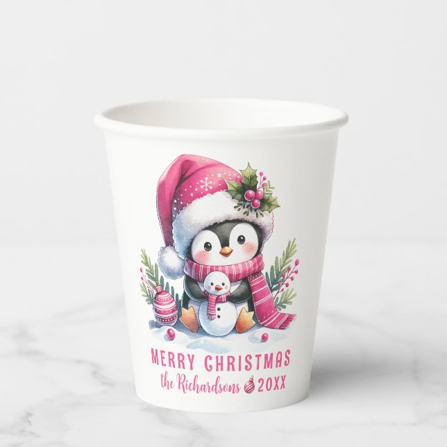 Niedlicher Pinguin Pink Frohe Weihnachten Pappbecher (Vorderseite)