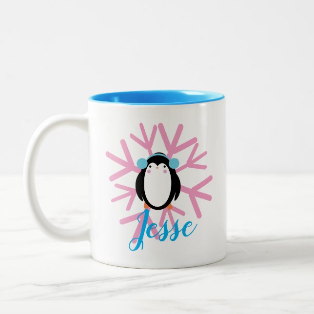 Niedlicher Pinguin Pink Snowflake Individuelle Nam Zweifarbige Tasse (Links)
