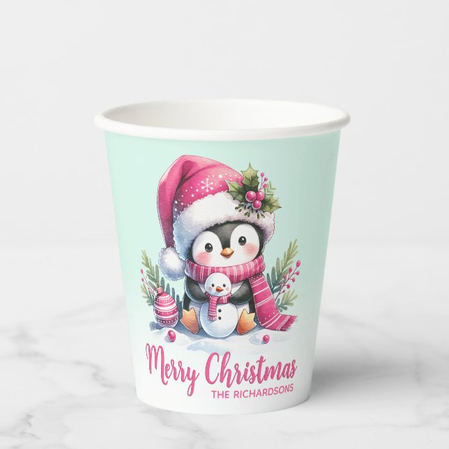 Niedlicher Pinguin Pink und Mint Green Frohe Weihn Pappbecher (Vorderseite)