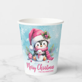 Niedlicher Pinguin Pink und Snowy Blue Frohe Weihn Pappbecher