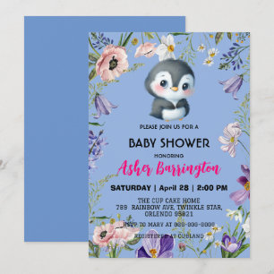 Niedlicher Pinguin Rustikale Blume Babydusche Kind Einladung
