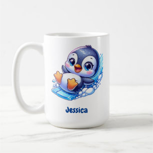 Niedlicher Pinguin rutscht auf Eis Kaffeetasse