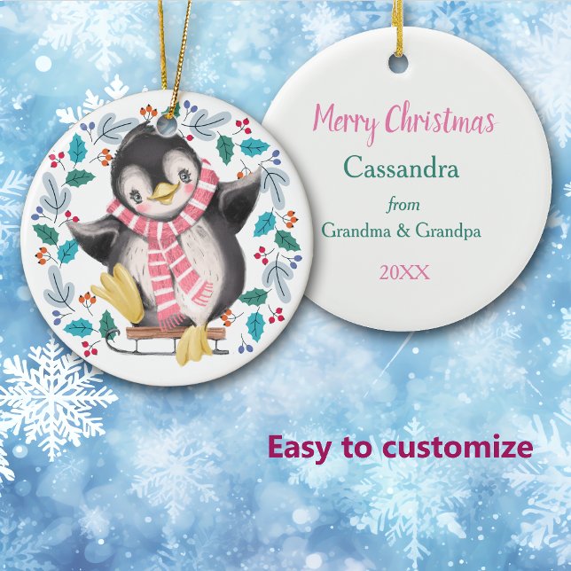 Niedlicher Pinguin Sled Wreath Kinder Weihnachten Keramik Ornament (Von Creator hochgeladen)