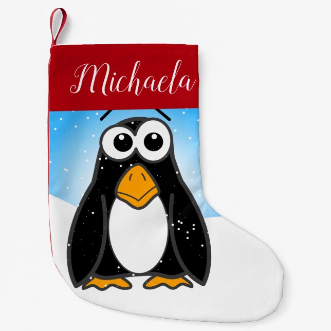 Niedlicher Pinguin w Snowflakes Blue Sky Kinder Ca Kleiner Weihnachtsstrumpf (Vorderseite)