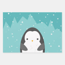 Niedlicher Pinguin Winter Cartoon Blau Geschenkpapier Set