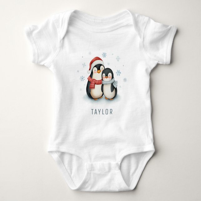 Niedlicher Pinguin Wintertime Personalisiert Baby Strampler (Vorderseite)