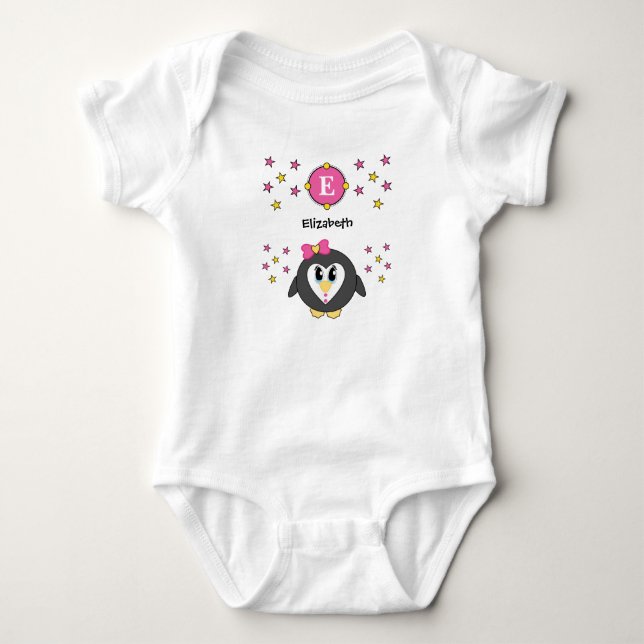 Niedlicher Pinguiname-Sterne gelb pink Baby Strampler (Vorderseite)