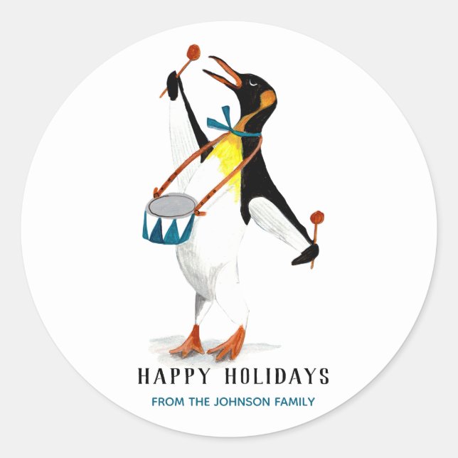 Niedlicher Pinguinmusiker mit Schlagzeug Runder Aufkleber (Vorderseite)