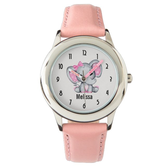 Niedlicher Pink Baby Elephant mit Polka Dot Oars Armbanduhr (Vorderseite)