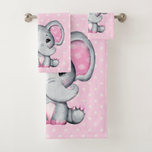 Niedlicher Pink Baby Elephant mit Polka Dot Oars Badhandtuch Set