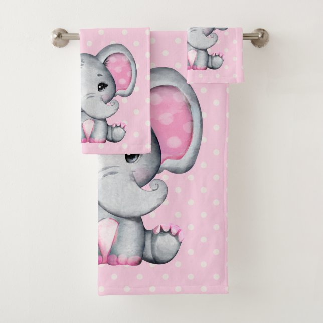 Niedlicher Pink Baby Elephant mit Polka Dot Oars Badhandtuch Set (Insitu)