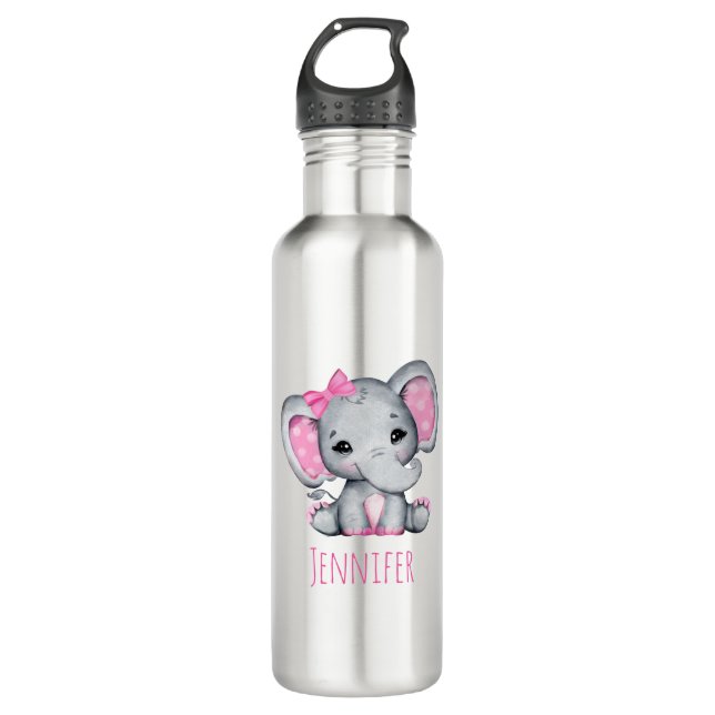 Niedlicher Pink Baby Elephant mit Polka Dot Oars Edelstahlflasche (Vorderseite)