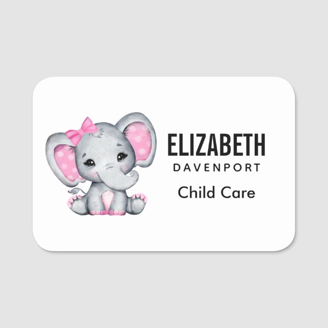 Niedlicher Pink Baby Elephant mit Polka Dot Oars Namensschild (Vorderseite)