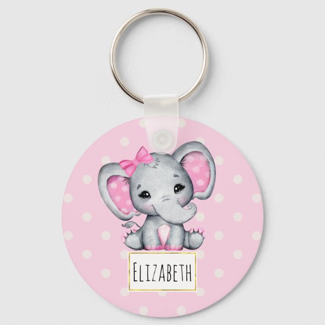 Niedlicher Pink Baby Elephant mit Polka Dot Oars Schlüsselanhänger (Vorderseite)