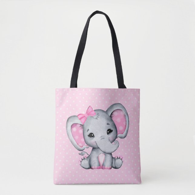 Niedlicher Pink Baby Elephant mit Polka Dot Oars Tasche (Vorderseite)