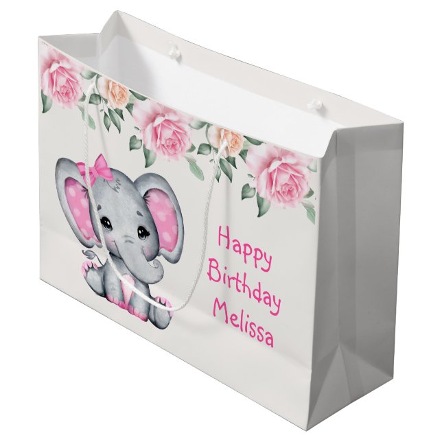 Niedlicher Pink Baby Elephant und Rose Border Birt Große Geschenktüte (Vorderseite Schrägansicht)