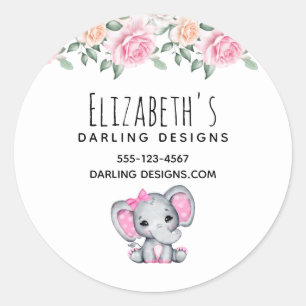 Niedlicher Pink Baby Elephant und Rose Grenzgeschä Runder Aufkleber