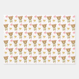 Niedlicher Pink Baby Girl Bear Geschenkpapier Set