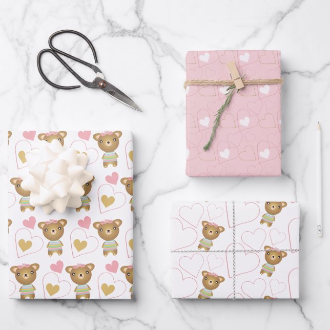 Niedlicher Pink Baby Girl Bear Geschenkpapier Set (Vorderseite)