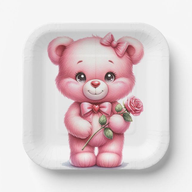 NIEDLICHER PINK-BABY-TEDDY-BÄDER MIT ROSE PAPPTELLER (Vorderseite)