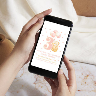 Niedlicher Pink-Bären-Ballon am dritten Geburtstag Einladung