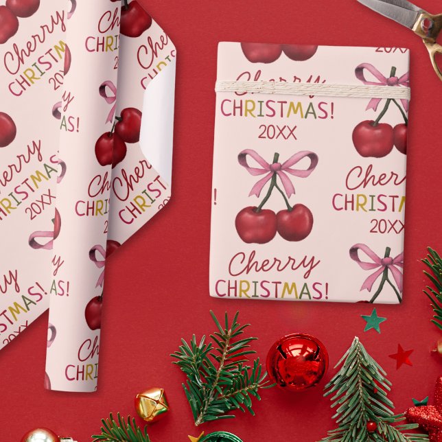 Niedlicher Pink Bow und Red Cherry Weihnachtsmuste Geschenkpapier (Von Creator hochgeladen)