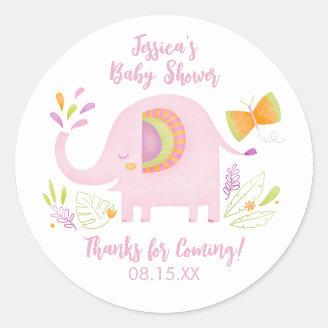Niedlicher Pink Elephant Girl Babyaufkleber Runder Aufkleber (Vorderseite)