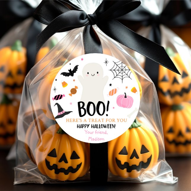 Niedlicher Pink Ghost Pumpkin Halloween Leckerei B Runder Aufkleber (Von Creator hochgeladen)