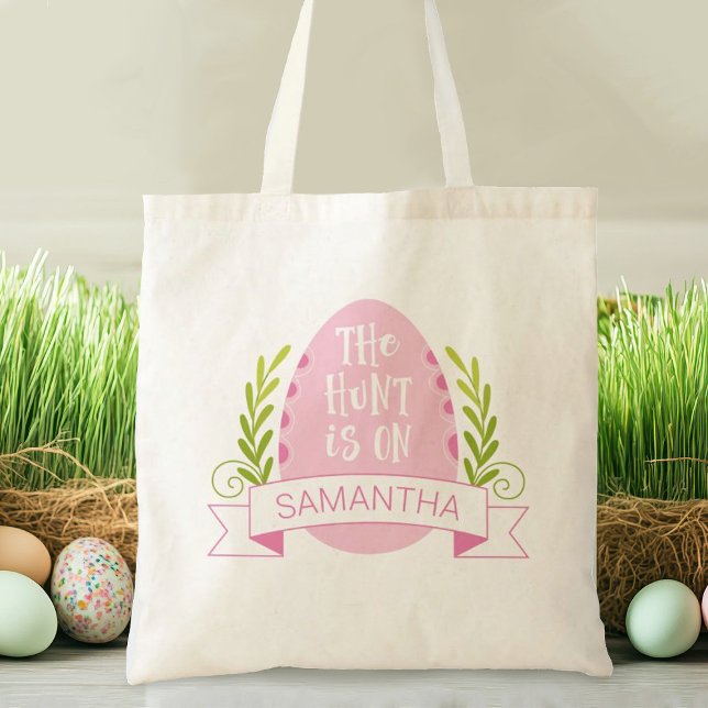 Niedlicher Pink Ostereier Jagd Tote Beutel Tragetasche (A cute easter egg humt tote bag. Personalize it with your name.)