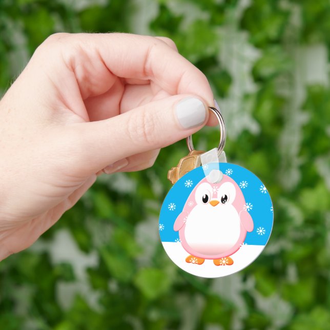 Niedlicher Pink Pinguin Cartoon Schneeflocken Cust Schlüsselanhänger (Hand)