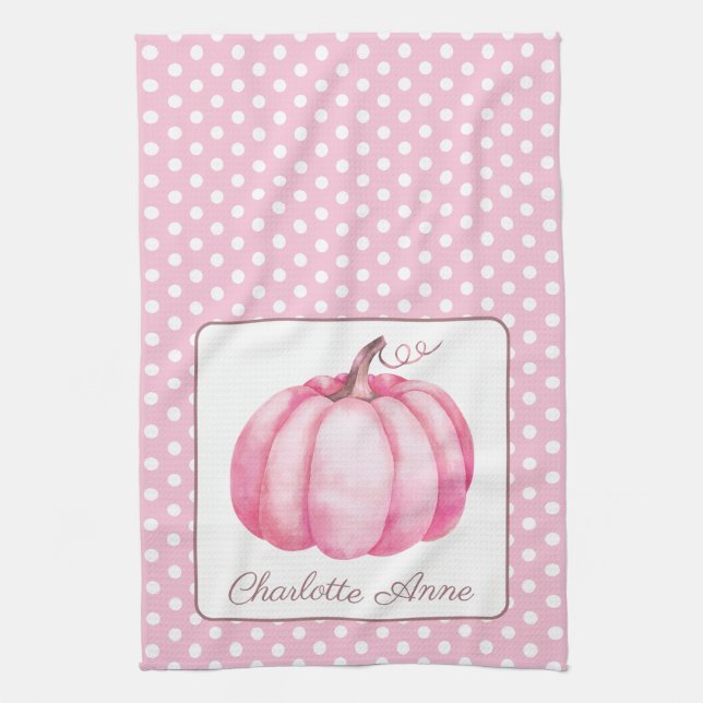 Niedlicher Pink Pumpkin auf Polka Dots Personalisi Geschirrtuch (Vertikal)