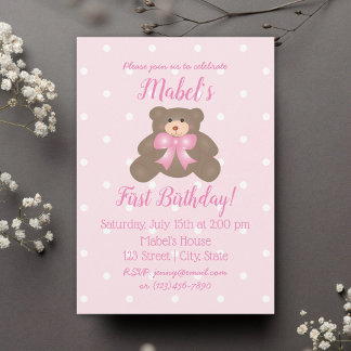 Niedlicher Pink Ribbon Baby Teddy Bär Erster Gebur Einladung