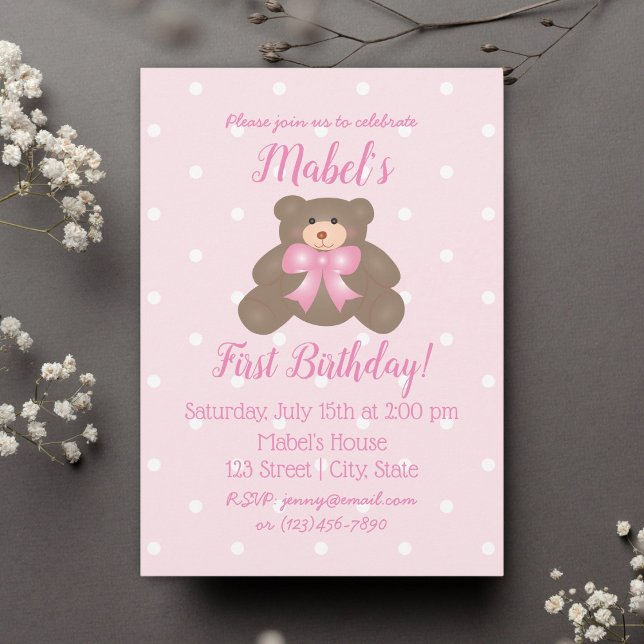 Niedlicher Pink Ribbon Baby Teddy Bär Erster Gebur Einladung (Von Creator hochgeladen)